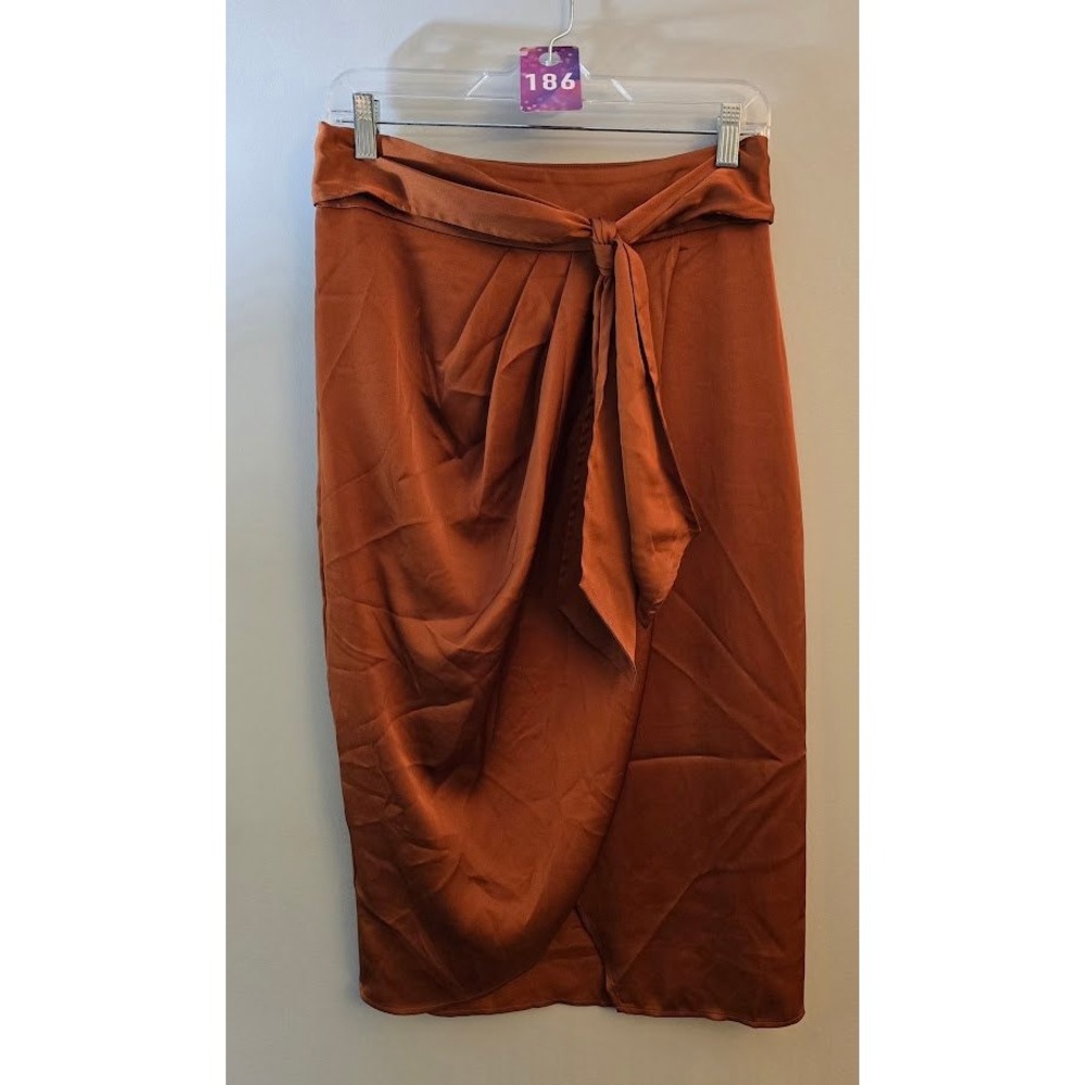 Express Womens Skirt Rust Orange Satin Faux Wrap Tie Front Lined Midi Size 4